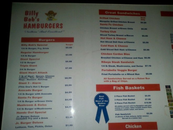 Billy Bob's Menu